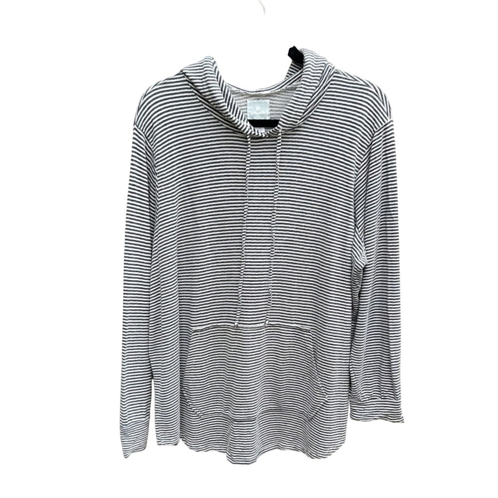 Sunday Womens 2X Striped Hoodie Navy Blue White Soft Knit Kangaroo Pullover